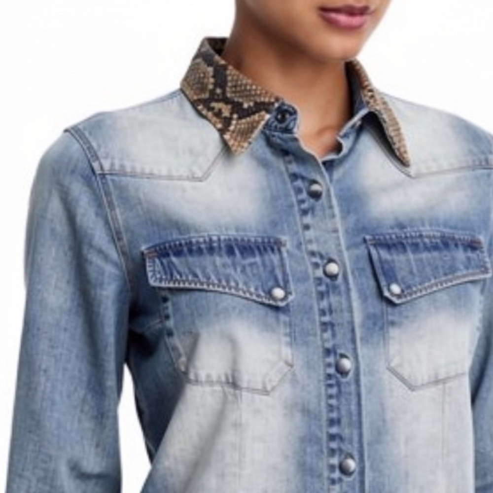 R13 Denim Western Shirt with Snakeskin Collar